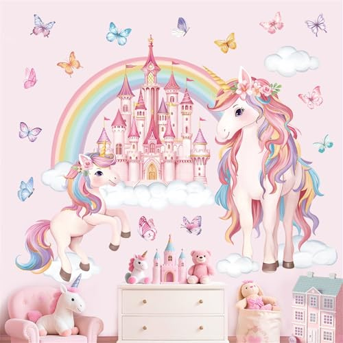 decalmile Wandsticker Regenbogen Einhorn Wandtattoo Schloss Rosa(XL) | Abziehbare und Aufklebbare Wandaufkleber, DIY Abnehmbare Wandkunst Abziehbilder, Wandfreundlich, Leuchtenden Farben