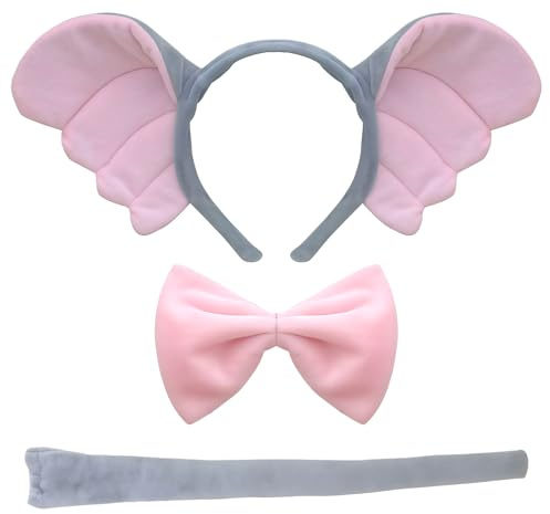 MEISH 3pcs Elephant Ears and Tail Costume Set Elephant Ear Headband Bowtie Tails Halloween Cosplay Birthday Party Animal Fancy Dress Costume for Cosplay