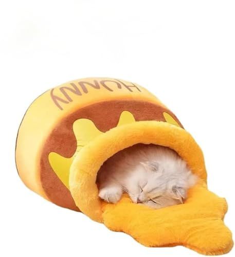 Honey Pot Lit pour chat avec coussin amovible et lavable – Motif dessin animé 3D semi-fermé – En coton PP doux – Maison de couchage pour chatons et petits chiens – Utilisation confortable en intérieur