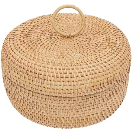 Handgeflochtener Korb, Handgewebter Rattan Korb mit Deckel, Rund, 24 * 12cm, für Wohnzimmer, Couchtisch, Schlafzimmer und Küche