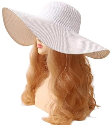 White Oversized Womens Sun Hat Wide Brim Summer Hat Foldable Roll up Large Floppy Beach Hats, Style, One Size (UK, Alpha, One Size, White)