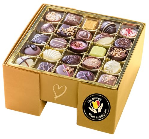 ePralinchen handverarbeitete belgische Luxus-Pralinen | goldene aufstellbare Bühnen-Pralinenbox mit Pralinen aus Vollmilch, dunkler und weißer Schokolade (Standard, ohne Alkohol)