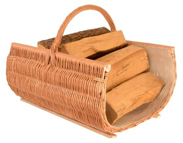 Aqbau® Kaminholzkorb 50 x 38 cm aus Weide mit Holzleisten und Jute-Einlage – Handgeflochtener Brennholzkorb für Kamin – Holzkorb mit Griff für Wohnzimmer oder Ofenbereich, Feuerholzkorb