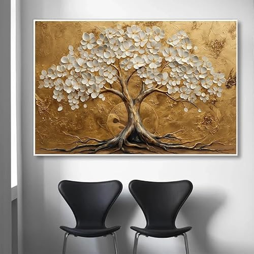 BMGKYAGL Tableau sur toile « Arbre de Vie doré et fleurs blanches », idéal pour la décoration murale de votre salon (70 x 100 cm, sans cadre).