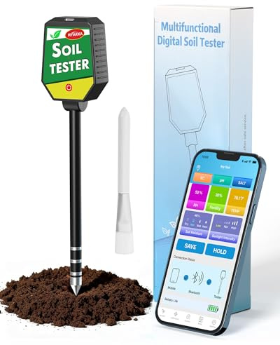 8-in-1 Bodenmessgerät mit APP-Überwachung, Messgerät Erde mit pH/EC/Temperatur/Feuchtigkeit/Fruchtbarkeit/Salzgehalt/Sonnenlicht/Umgebungsfeuchtigkeit für Garten