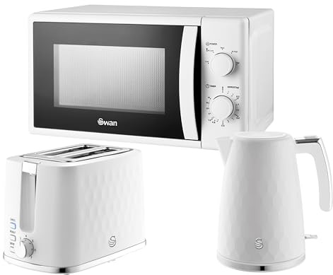 Swan Kitchen Appliance Bundle in White – Hexton 1.7L Rapid Boil Kettle, Hexton 2 Slice Toaster & 20L Microwave SM4420WHT, Contemporay Matching Kitchen Set in White