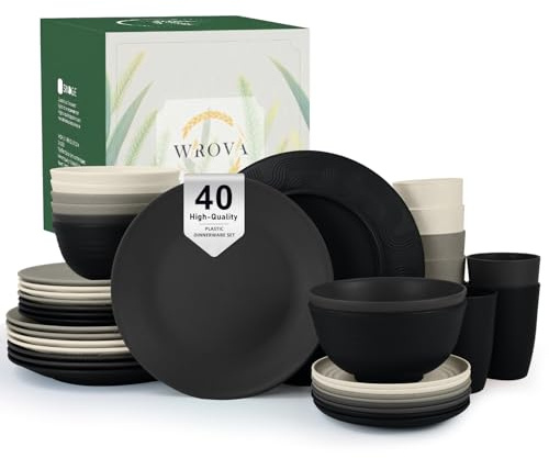 Wrova Set di Stoviglie Riutilizzabile in Plastica 40 PZ - Set da Cena per 8 | Set di Piatti e Ciotole Leggero con Tazze, Sicuro per Lavastoviglie e Microonde, Set di Stoviglie Infrangibile per Picnic