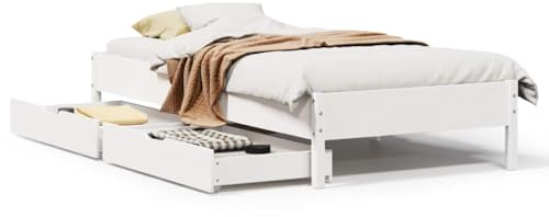 XHNIFBN Cama de madera maciza de pino, color blanco, 100 x 200 cm, incluye somier y 2 cajones, cama inferior con espacio para dormitorio ordenado para habitaciones juveniles y de invitados