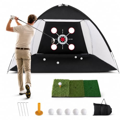 LIFEZEAL - Red de entrenamiento de golf portátil con alfombrilla de ataque Tri-Turf, objetivos múltiples para golpe de aproximación, conducción, descamación, bolsa de transporte, para interior y