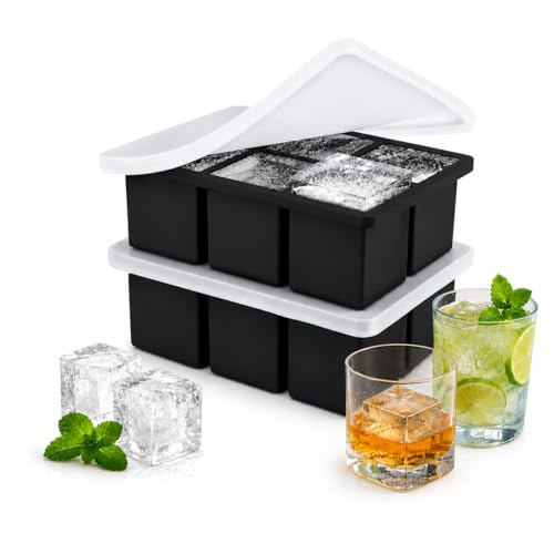 Silicone ice Cube Trays with lids, 2-Pack Large Square BPA-Free molds. Easy-Release, Stackable Black Trays for Whiskey, Cocktails, Juice, and ice Cream