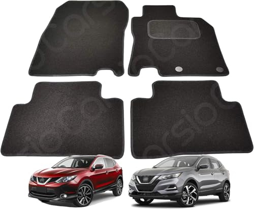 Carsio Carpet Car Mats For Nissan Qashqai 2014 to 2021 4 Piece Set With 2 Clips Tailored Fit Floor Mat Complete Accessory Black Custom Fitted - All Weather, Anti-Slip Backing & Black Trim