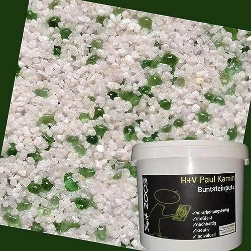 20kg Buntsteinputz Mosaikputz 1-3mm SOP41 Weiß (Naturkorn) + Glas Hellgrün Wandputz - Hergestellt in Bayern -