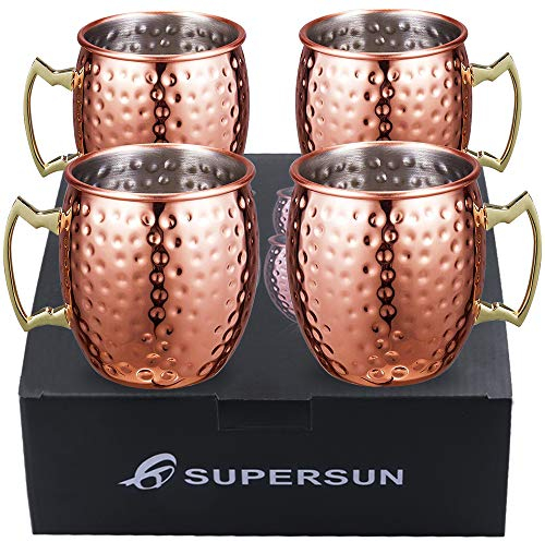 SUPERSUN Rame Bicchieri Tazza Moscow Mule 4 Set di Bicchieri di Rame Fatto a Mano, Hammered Double Wall Senza Rivestimento,Russo,Vodka,Boccali per Birra,Regalo