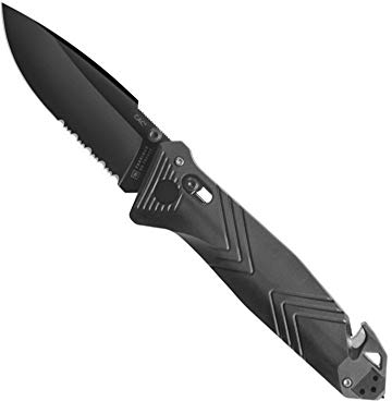 TB Outdoor - Couteau CAC® - Couteau Armée Française - Survie et Outdoor - Lame Anti-Corrosion avec Serrations - Manche PA6 FV Noir - Lame Utile 85 mm