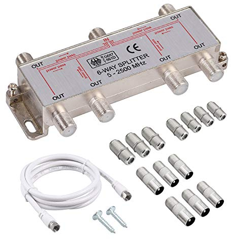 Justech 6 Way Satellite Splitter Coax Cable Splitter 5-2500MHz with 1.5m Coax Cable F Plugs for Sky Box Telewest Eurovox Starview Dreambox