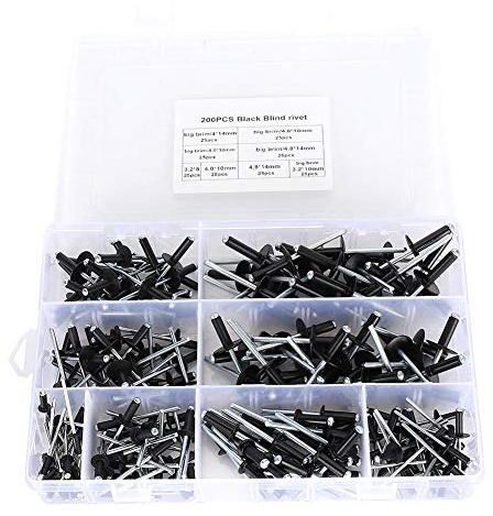 Regun 200 Stück Popnieten Set, Aluminium Blindnieten Pop Nieten Sortiment Schwarz, 3.2/4.0/4.8mm für Elektrische, Pneumatische und Manuelle Nietpistolen