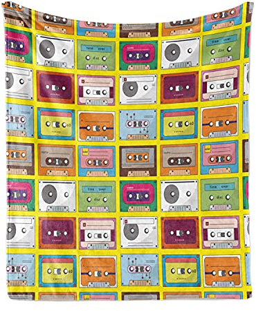 Ambesonne 70s Party Throw Blanket, Music Tape Design Pattern Audio Cassette Retro Cool Record Analogue, Flannel Fleece Accent Piece Soft Couch Cover for Adults, 70 x 90, Multicolor