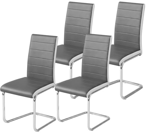Panana 4Pcs Gray Faux Leather Dining Chairs With High Back and Chrome Legs - Kitchen Room Chair Set (Grey With White, 4)
