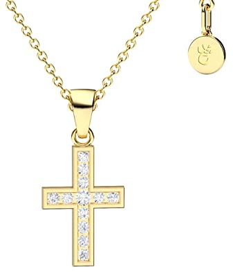 Amoonìc Kreuz Kette Mädchen Gold (333 Gold echt) | Kreuz-Anhänger Halskette | Kinder-Schmuck Erst-Kommunion Tauf-Geschenk Konfirmation Firmung Geburt Taufe | Goldkette Kreuzkette Taufkette