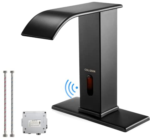 CDLODIN Touchless Bathroom Faucet, Automatic Sensor Waterfall Bathroom Tap, Modern Stainless Matte Black Sink, Hands Free Motion Sensor Lavatory Faucets for Sink 1 Hole