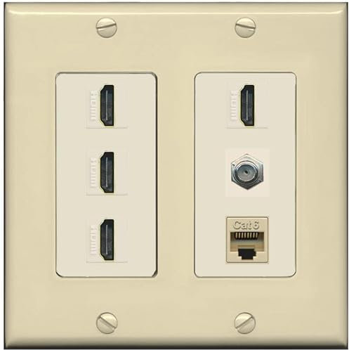 RiteAV Cavo coassiale HDMI a 4 porte 1 - Piastra da parete Ethernet tipo F 1 Cat6 - 2 bande [avorio/mandorla chiara]