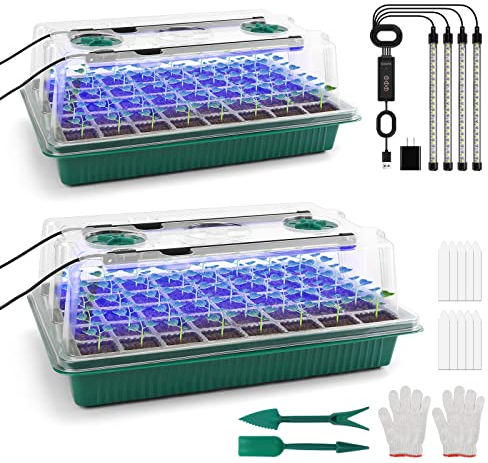 Upgrade Setzling Starter Tabletts mit Wachstumslicht, 80 Zellen Sämling Tablett mit Luftfeuchtigkeitskuppel, Mini Gewächshaus Anzucht Set für verwurzelte Setzlinge