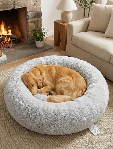 OKPOW Donut Hundebett Fuer Grosse Hunde - Flauschig Welpenbett Rund Kuscheliges - Anti Angst Katzenbett Comfy - Plüsch Haustierbett Waschbar