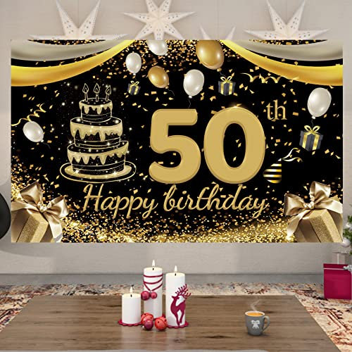 SUSNUAN 110x180cm Large Size Happy Birthday Banner 50th Black Gold Birthday Decoration Suitable for Men Women Any Birthday Celebration Background Decorations Tablecloth (50th)