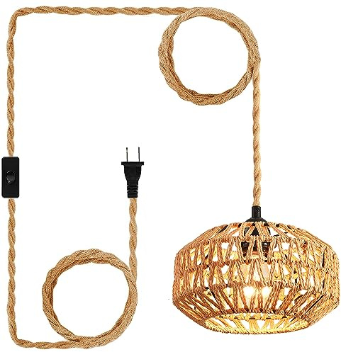 IHENGYANLT Plug in Pendant Light Rattan Hanging Lamp with Switch,Mini Rattan Boho Semi Flush Mount Ceiling Light,Hand Woven Hallway Light Fixtures for Bedroom Entryway Kitchen