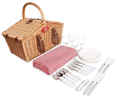 FURLOU Picknickkorb aus Weidengeflecht mit Besteck Picknickmatte mit Deckel und Griff Aufbewahrungskorb für 4 Personen 40 x 25 x 41 cm