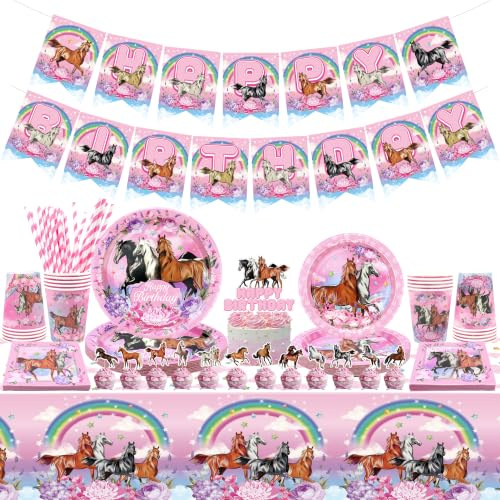 LSJDEER Horse Birthday Party Decorations - Pink Horse-Themed Happy Birthday Banner, Paper Plates Napkins Cups Cake Cupcake Topper Tablecloth for Cute Horse Party, Serves 20