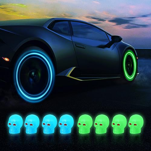 8Pack Tyre Valve Caps,Skull Styling Car Tire Stem Universal Tire Dust Covers with Antirust Copper Core Tyre Wheel Dust Caps Stem Covers with Seal Ring for Cars,SUV,Motorbike,Trucks,Bicycle,Fluorescent