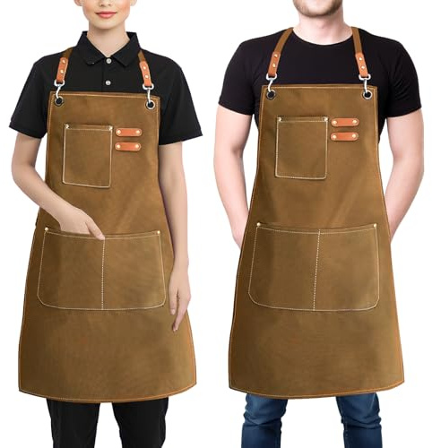 Aprons for Women Men, Cotton Canvas Chef Apron with Adjustable Strap & Large Pockets, Cross Back Work Aprons for Kitchen Cooking, Baking, Gardening, Painting, Artist, One Size Fits All (Brown)