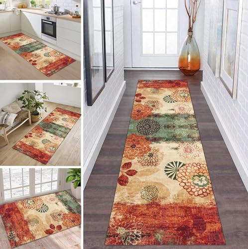 Alfombra vintage de pasillo, cocina, antideslizante, lavable, alfombra de pasillo larga, rojo, marrón, verde, 80 x 240 cm, moderna, por metros, corredor, alfombras, comedor, dormitorio, salón, felpudo