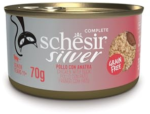 Schesir Silver, Pollo con Anatra En Mousse Y Filetes, Alimento Húmedo Completo para Gatos Mayores, Sin Cereales, Apoya El Sistema Inmunitario, Rico En Hidratación, 12 X 70g