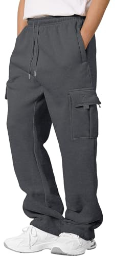 CMTOP Pantalon Chandal Hombre Algodón Pantalones Cargo de Deporte Invierno Termico Pantalón Chandal con Forro Polar Anchos Casuales Pantalones Jogger con Cordón y Bolsillos(Gris Oscuro, XL)