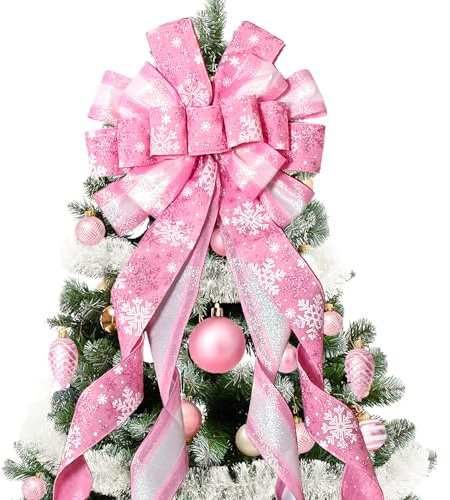 Christmas Tree Topper Christmas Wreath Bow, 52 * 13 inches Large Tree Toppers Bow with Snowflake Patterned for Xmas Tree Décor Christmas Home Indoor Outdoor Decoration Pink