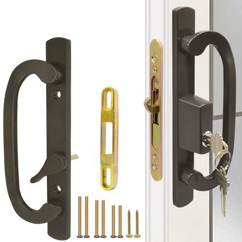 Eockatoo Patio Sliding Glass Door Handle Set with Mortise Lock 45° Keyway, Keyed Offset Position Zinc Diecast I/E Pull Handles, Fits 3-15/16 H.C., 1-3/8 to 2-1/4 Thick Doors, Non-Handed, Bronze