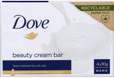 Dove Saponetta Beauty Bar, Original, Saponetta Mani, Viso e Corpo, con 1/4 di Crema Idratante, Dermatologicamente Testata, 100% Ingredienti Idratanti di Origine Naturale, 4 Pezzi x 90ml