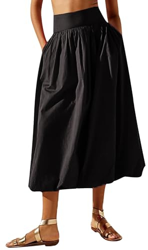 Women Summer Bubble Maxi Skirt Casual Elastic Waist Pleated A-Line Long Skirt Beach Balloon Skirt with Lining (A-Black, S)