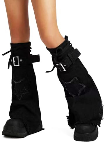 OhMill Gothic Beinwärmer Y2K Baggy Punk Beinstulpen Stern Beinstulpen Niedlich Beinwärmer Denim Beinwärmer Schwarz Beinstulpen Damen, Schwarzer Star, One size