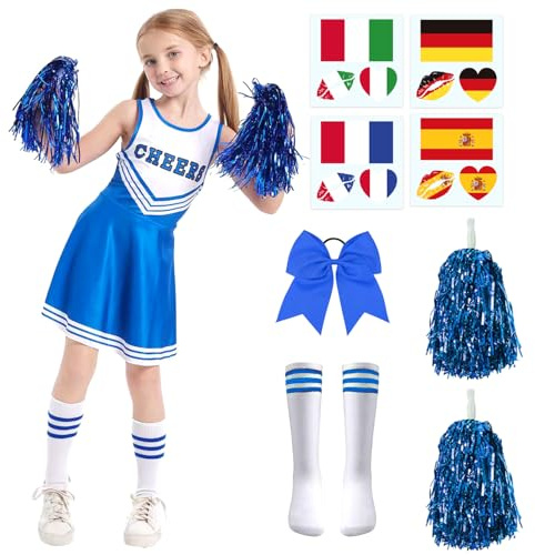 SFNN 5er Set Cheerleader Kostüm Kinder,Cheerleadering Outfit Mädchen mit Pompoms,Socken,Tattoo-Aufkleber und Kopfschmuck,Cheerleading Uniform Kleid,Kinder Cheerleadering für Karneval Party