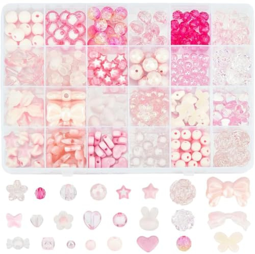 SOFPLATE 1 Box 356Pcs Acrylic Pink Assorted Beads Aesthetic Crystal Beads Bowknot Candy Butterfly Heart Flower Stars Cute Round Beads Kits for Bracelet Necklace Jewelry Making DIY Crafts Phone Charm