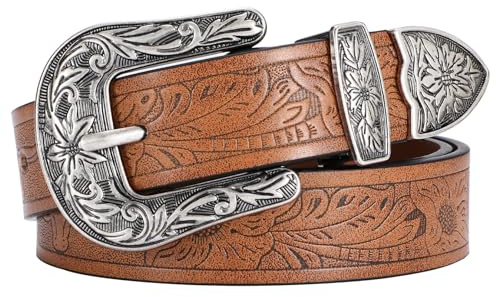 VONMELLI Western Gürtel Damen, Damen Cowgirl Ledergürtel für Hosen Jeans Taillengürtel mit Vintage Floral Carved Design Plus Größe S-XXXL