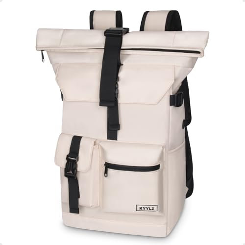 KYYLZ Rucksack Damen,Rolltop Rucksack Herren,28L Groß Schulrucksack Rucksack Wasserdicht mit Laptopfach 17.3 Zoll,Tagesrucksäcke Reiserucksack Lässiger Backpack Freizeit Uni Arbeit (Cremefarben)