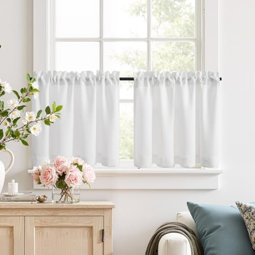 Vangao Tende per Interni Bianco 90 x 45 cm 2 pezzi Moderne Tende Cucina Corta con Passanti Tenda Finestre Piccole da vetro per soggiorno Bagno Bistrot per Casa Poliestere