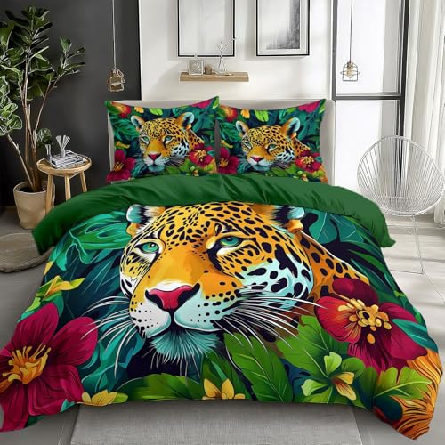 Jaguar Literie Tropical Parure De Lit Peinture Numérique Jaguar, Microfibre Imprimé Réversible Housse De Couette 140 x 200 cm avec 2 Taies d'oreiller Vert Foncé 3 Pièce pour Adulte Enfant Fille Garçon
