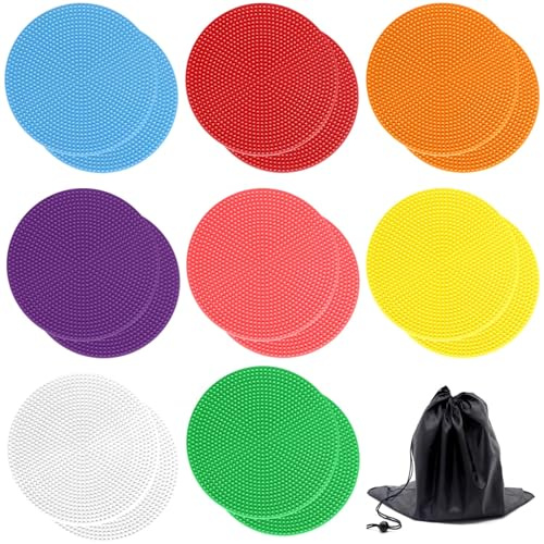 16 marcadores de goma antideslizantes para gimnasio, círculos de 10 cm para juegos de paseo y juego activo, incluye bolsa de almacenamiento con cordón