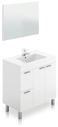 duehome | Mueble de Baño con 2 Puertas 2 Cajones y Espejo, Modulo Baño, Modelo Liz, Acabado en Blanco Brillo, Medidas: 80 cm (Ancho) x 80 cm (Alto) x 45 cm (Fondo)