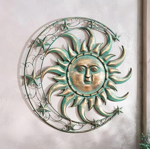 Dekoleidenschaft 3D Wanddeko Sonne, Mond & Sterne aus Metall, mintgrün & gold, Ø 46 cm, Metallbild, Wandbild